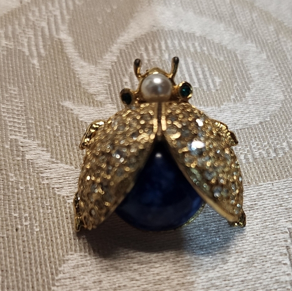 Vintage SPHINX Beetle Brooch Faux Lapis Pearl Rhinestone Bug Insect Pin - Picture 2 of 14